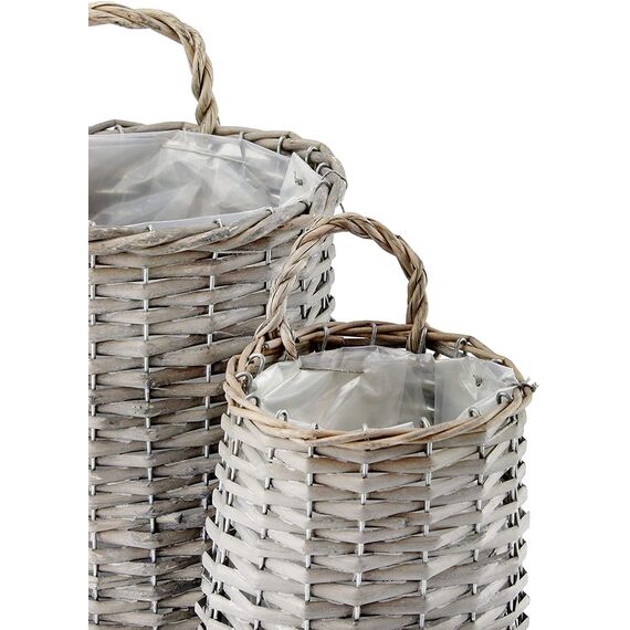 AuldHome Hängekörbe für die Wand (2er-Set, grau); gewebtes Weidengeflecht, rustikal, Bauernhaus, grau, gewaschene Türkörbe, klein und mittelgroß