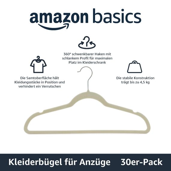 Amazon Basics Schmale und rutschfeste Kleiderbügel für Hemden/Anzug/Kostüm, Elfenbeinfarbe, 30er-Pack
