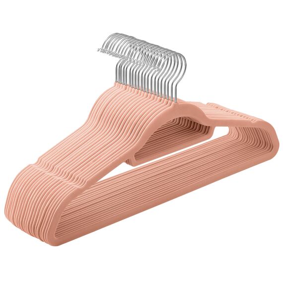 SONGMICS Kleiderbügel Samt, 20er Set, Bügel, rutschfest, kleine Stange für Krawatten, 360° drehbarer Haken, 0,6 cm dick, platzsparend, 43,5 cm lang, für Mäntel, Hosen, Silber-Hellrosa CRF20PK