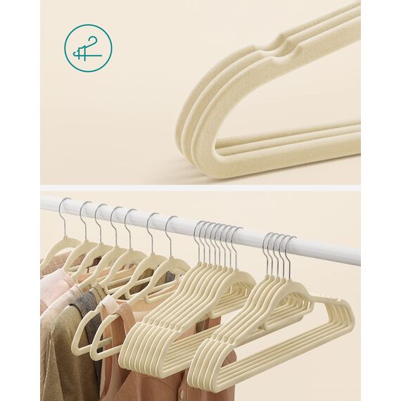 SONGMICS Kleiderbügel Samt, 20er Set, Bügel, rutschfest, kleine Stange für Krawatten, 360° drehbarer Haken, 0,6 cm dick, platzsparend, 43,5 cm lang, für Mäntel, Hosen, Silber-Beige CRF020M20