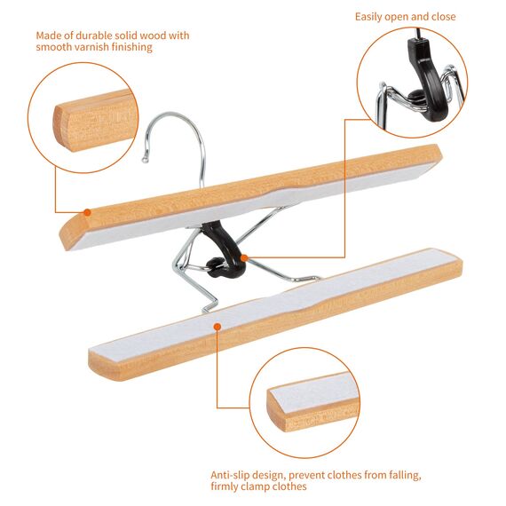 Amazon Basics Holzkleiderbügel für Hosen, Natur, 10er-Pack, Natural, 25x16.5 cm