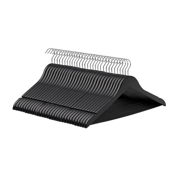 SONGMICS Kleiderbügel Holz, 30er Set, Bügel aus Massivholz, Einkerbungen im Schulterbereich, Rutschfester Hosensteg, um 360° drehbarer Haken, für Anzüge, Hemden, schwarz-silbern CRW02B30