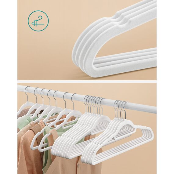 SONGMICS Kleiderbügel Samt, 20er Set, Bügel, rutschfest, kleine Stange für Krawatten, 360° drehbarer Haken, 0,6 cm dick, platzsparend, 43,5 cm lang, für Mäntel, Hosen, Silber-Weiß CRF020W01