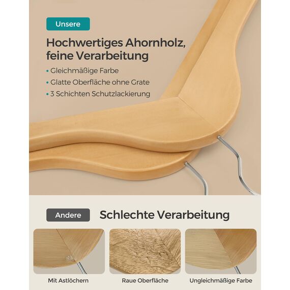 SONGMICS Kleiderbügel Holz, 80er Set, Bügel aus Massivholz, Einkerbungen im Schulterbereich, Rutschfester Hosensteg, um 360° drehbarer Haken, für Anzüge, Hemden, naturfarben-silbern CRW001-80