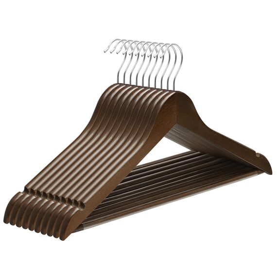 SONGMICS Kleiderbügel Holz, 10er Set, Bügel aus Massivholz, Einkerbungen im Schulterbereich, Rutschfester Hosensteg, um 360° drehbarer Haken, für Anzüge, Hemden, dunkelwalnussfarben-silbern CRW001V01
