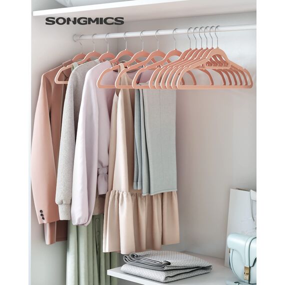 SONGMICS Kleiderbügel Samt, 20er Set, Bügel, rutschfest, kleine Stange für Krawatten, 360° drehbarer Haken, 0,6 cm dick, platzsparend, 43,5 cm lang, für Mäntel, Hosen, Silber-Hellrosa CRF20PK