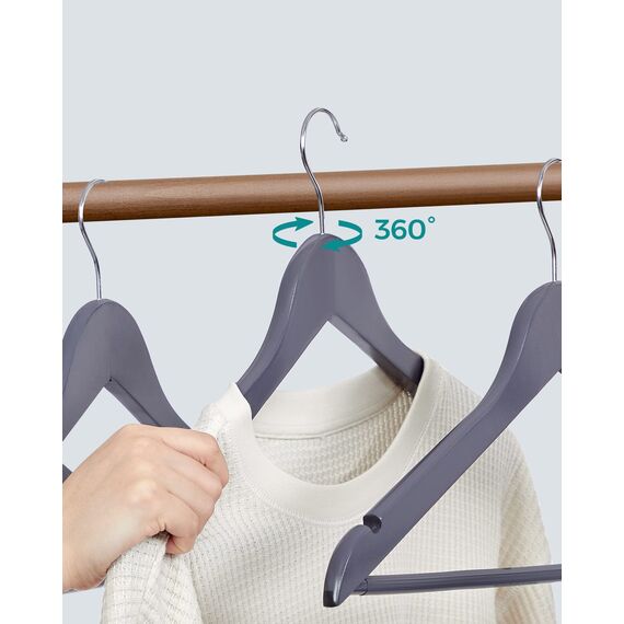 SONGMICS Kleiderbügel Holz, 20er Set, Bügel aus Massivholz, Einkerbungen im Schulterbereich, Rutschfester Hosensteg, um 360° drehbarer Haken, für Anzüge, Hemden, grau-silbern CRW001G01