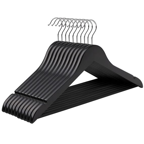 SONGMICS Kleiderbügel Holz, 10er Set, Bügel aus Massivholz, Einkerbungen im Schulterbereich, Rutschfester Hosensteg, um 360° drehbarer Haken, für Anzüge, Hemden, schwarz-silbern CRW02B10