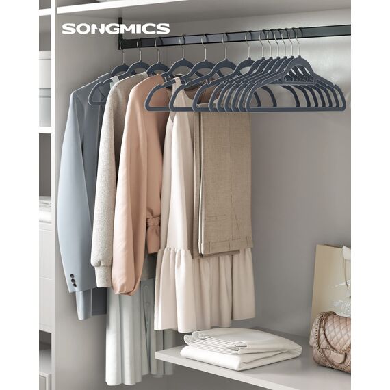 SONGMICS Kleiderbügel Samt, 20er Set, Bügel, rutschfest, kleine Stange für Krawatten, 360° drehbarer Haken, 0,6 cm dick, platzsparend, 43,5 cm lang, für Mäntel, Hosen, Silber-Hellgrau CRF20VX