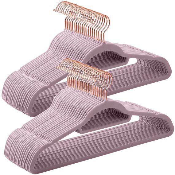 SONGMICS Kleiderbügel Samt, 50er Set, Bügel, rutschfest, kleine Stange für Krawatten, 360° drehbarer Haken, 0,6 cm dick, platzsparend, 43,5 cm lang, für Mäntel, Hosen, Roségold-Zartlila CRF021GP50