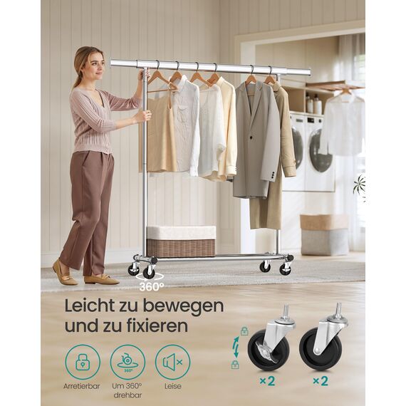 SONGMICS Kleiderständer auf Rollen, Schwerlast-Garderobenständer, ausziehbare Kleiderstange, bis 100 kg belastbar, einfache Montage, transportabel, silbern HSR13S