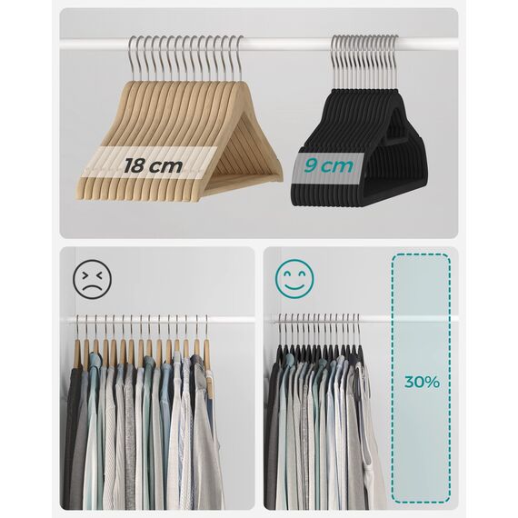 SONGMICS Kleiderbügel Samt, 20er Set, Bügel, rutschfest, kleine Stange für Krawatten, 360° drehbarer Haken, 0,6 cm dick, platzsparend, 43,5 cm lang, für Mäntel, Hosen, Silber-Schwarz CRF20B
