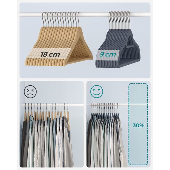 SONGMICS Kleiderbügel Samt, 20er Set, Bügel, rutschfest, kleine Stange für Krawatten, 360° drehbarer Haken, 0,6 cm dick, platzsparend, 43,5 cm lang, für Mäntel, Hosen, Silber-Hellgrau CRF20VX