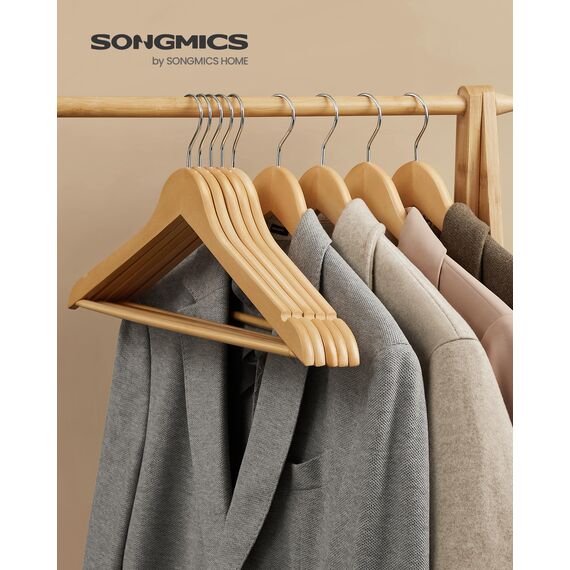 SONGMICS Kleiderbügel Holz, 80er Set, Bügel aus Massivholz, Einkerbungen im Schulterbereich, Rutschfester Hosensteg, um 360° drehbarer Haken, für Anzüge, Hemden, naturfarben-silbern CRW001-80
