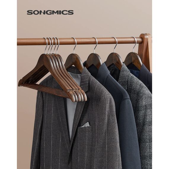 SONGMICS Kleiderbügel Holz, 10er Set, Bügel aus Massivholz, Einkerbungen im Schulterbereich, Rutschfester Hosensteg, um 360° drehbarer Haken, für Anzüge, Hemden, dunkelwalnussfarben-silbern CRW001V01