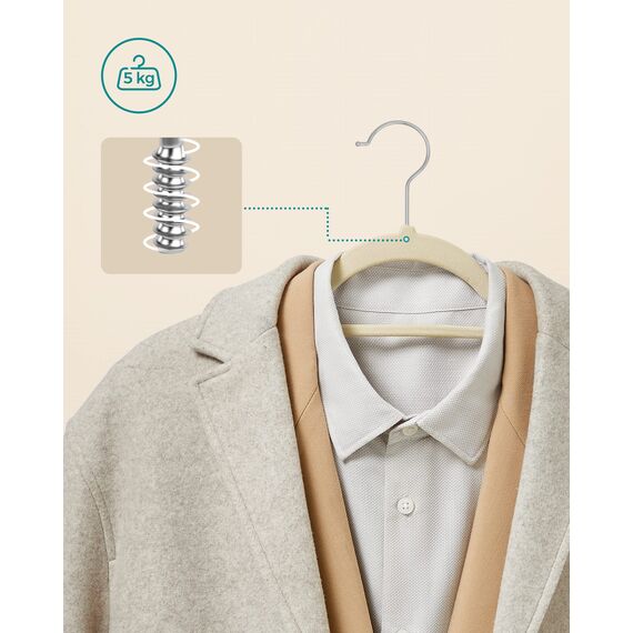 SONGMICS Kleiderbügel Samt, 20er Set, Bügel, rutschfest, kleine Stange für Krawatten, 360° drehbarer Haken, 0,6 cm dick, platzsparend, 43,5 cm lang, für Mäntel, Hosen, Silber-Beige CRF020M20