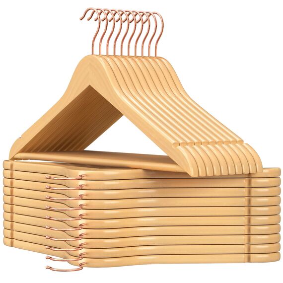 SONGMICS Kleiderbügel Holz, 20er Set, Bügel aus Massivholz, Einkerbungen im Schulterbereich, Rutschfester Hosensteg, um 360° drehbarer Haken, für Anzüge, Hemden, Holzfarben und Roségold CRW001N01
