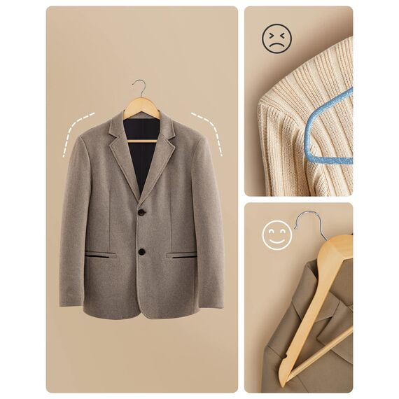 SONGMICS KleiderbÜgel Holz, 10er Set, BÜgel aus Massivholz, Einkerbungen im Schulterbereich, rutschfester Hosensteg, um 360° drehbarer Haken, fÜr AnzÜge, Hemden, naturfarben-silbern CRW001-10