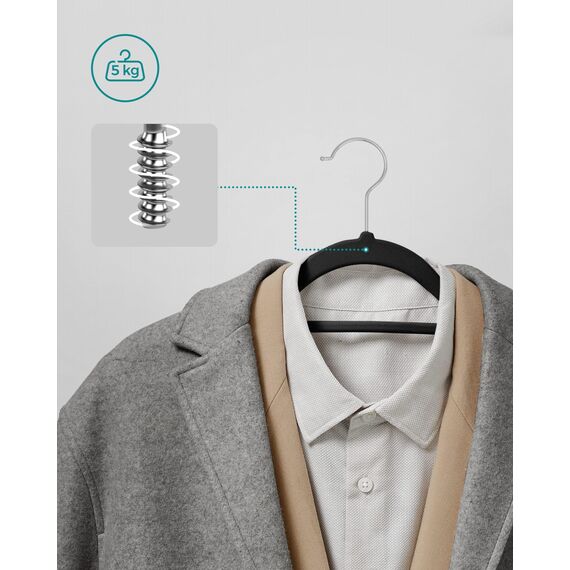 SONGMICS Kleiderbügel Samt, 20er Set, Bügel, rutschfest, kleine Stange für Krawatten, 360° drehbarer Haken, 0,6 cm dick, platzsparend, 43,5 cm lang, für Mäntel, Hosen, Silber-Schwarz CRF20B