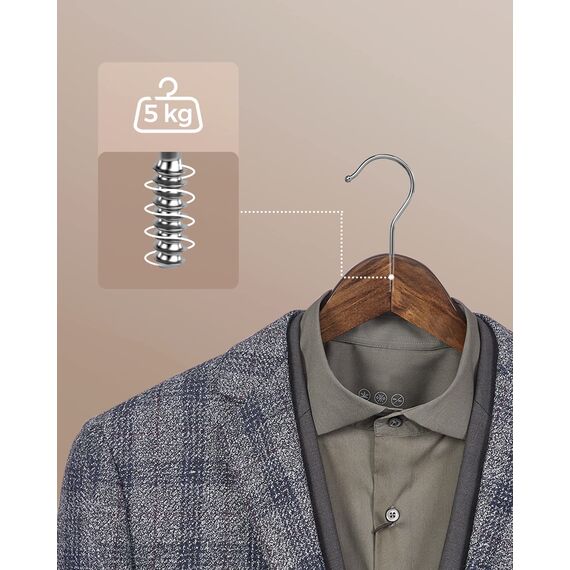 SONGMICS Kleiderbügel Holz, 80er Set, Bügel aus Massivholz, Einkerbungen im Schulterbereich, Rutschfester Hosensteg, um 360° drehbarer Haken, für Anzüge, Hemden, dunkelwalnussfarben-silbern CRW02V80