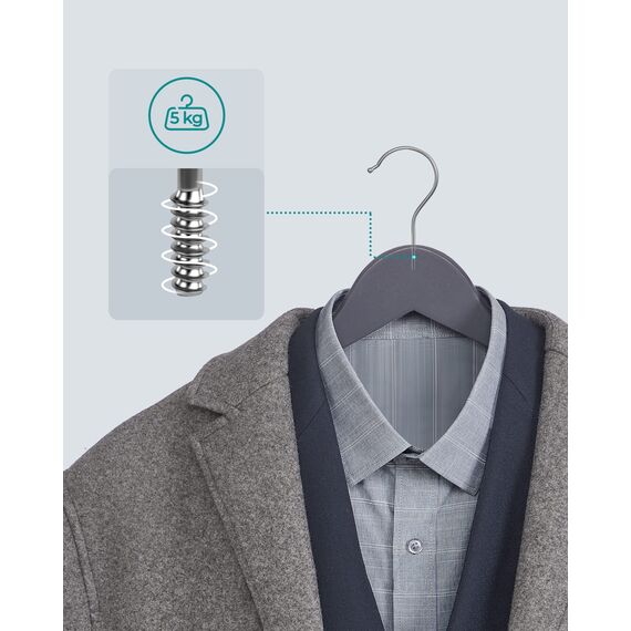 SONGMICS Kleiderbügel Holz, 20er Set, Bügel aus Massivholz, Einkerbungen im Schulterbereich, Rutschfester Hosensteg, um 360° drehbarer Haken, für Anzüge, Hemden, grau-silbern CRW001G01