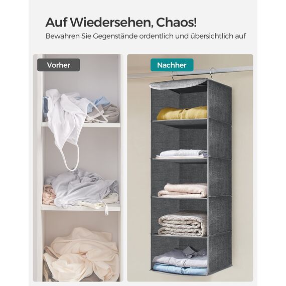 SONGMICS Hängeorganizer, Schrank-Organizer, Hängeregal, Hängeaufbewahrung, faltbar und platzsparend, Metallhaken und Bambus-Einsätze, leinenartige Textur, grau RYCH06G