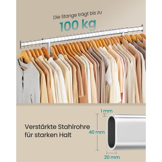 SONGMICS Kleiderständer auf Rollen, Schwerlast-Garderobenständer, ausziehbare Kleiderstange, bis 100 kg belastbar, einfache Montage, transportabel, silbern HSR13S
