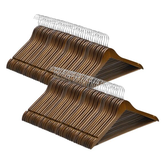 SONGMICS Kleiderbügel Holz, 80er Set, Bügel aus Massivholz, Einkerbungen im Schulterbereich, Rutschfester Hosensteg, um 360° drehbarer Haken, für Anzüge, Hemden, dunkelwalnussfarben-silbern CRW02V80