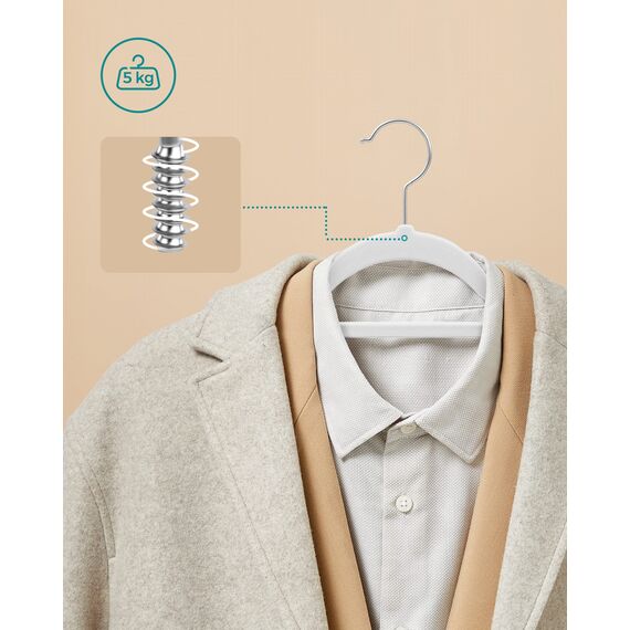 SONGMICS Kleiderbügel Samt, 20er Set, Bügel, rutschfest, kleine Stange für Krawatten, 360° drehbarer Haken, 0,6 cm dick, platzsparend, 43,5 cm lang, für Mäntel, Hosen, Silber-Weiß CRF020W01