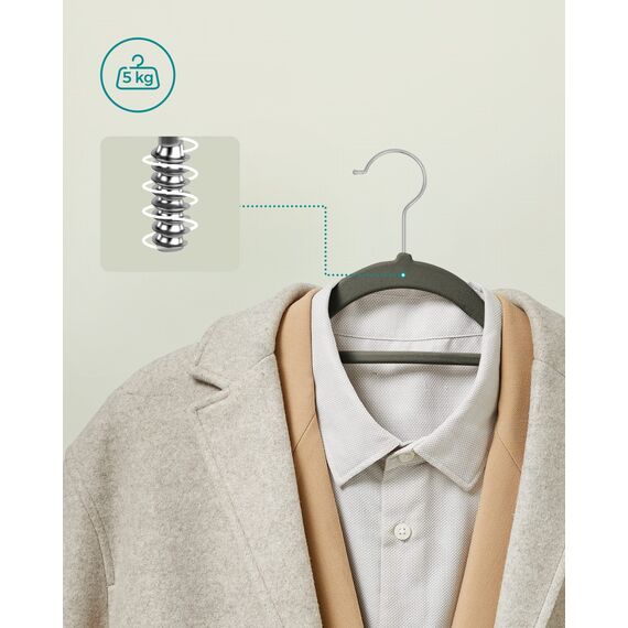 SONGMICS Kleiderbügel Samt, 20er Set, Bügel, rutschfest, kleine Stange für Krawatten, 360° drehbarer Haken, 0,6 cm dick, platzsparend, 43,5 cm lang, für Mäntel, Hosen, Silber-Grau CRF20V