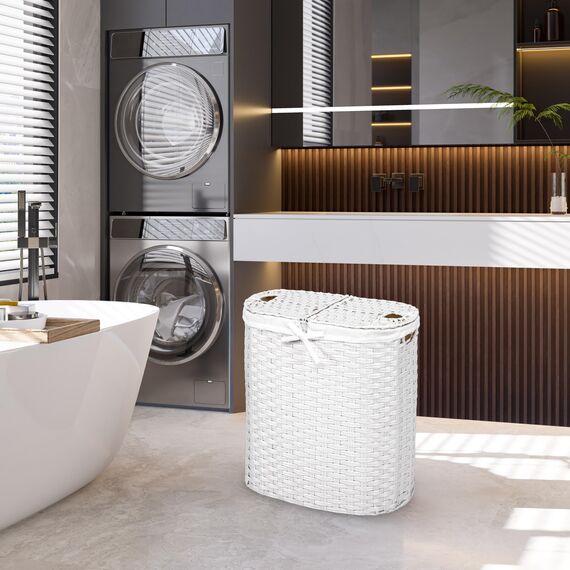 Seville Classics Premium handgewebter tragbarer Wäschekorb mit Tragegriffen, Haushaltsaufbewahrung für Kleidung, Bettwäsche, Laken, weiß, ovaler Korb