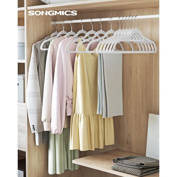 SONGMICS Kleiderbügel Samt, 50er Set, Bügel, rutschfest, kleine Stange für Krawatten, 360° drehbarer Haken, 0,6 cm dick, platzsparend, 43,5 cm lang, für Mäntel, Hosen, Silber-Weiß CRF020W02