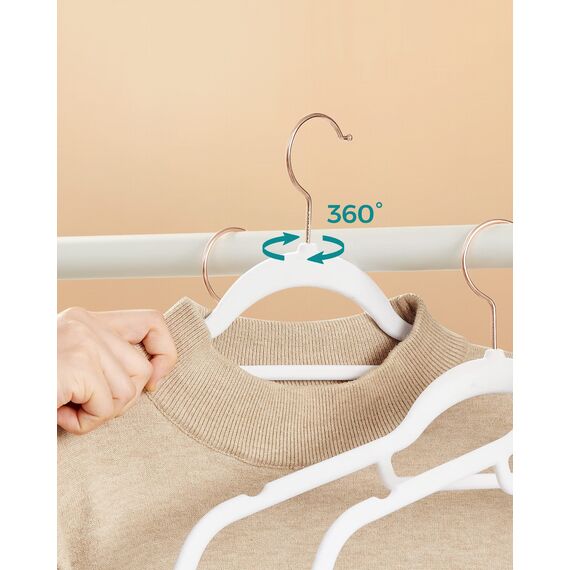 SONGMICS Kleiderbügel Samt, 30er Set, Bügel, rutschfest, kleine Stange für Krawatten, 360° drehbarer Haken, 0,6 cm dick, platzsparend, 43,5 cm lang, für Mäntel, Hosen, Roségold-Weiß CRF021W01