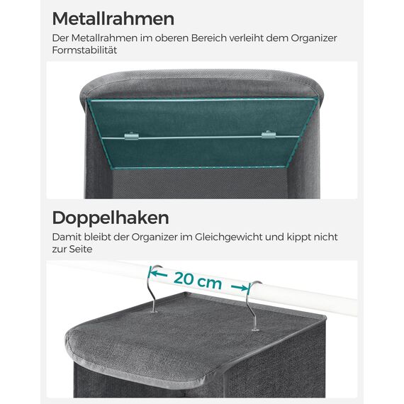 SONGMICS Hängeorganizer, Schrank-Organizer, Hängeregal, Hängeaufbewahrung, faltbar und platzsparend, Metallhaken und Bambus-Einsätze, leinenartige Textur, grau RYCH06G
