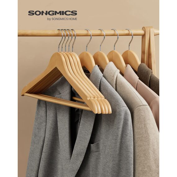 SONGMICS KleiderbÜgel Holz, 10er Set, BÜgel aus Massivholz, Einkerbungen im Schulterbereich, rutschfester Hosensteg, um 360° drehbarer Haken, fÜr AnzÜge, Hemden, naturfarben-silbern CRW001-10