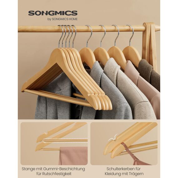 SONGMICS Kleiderbügel Holz, 20er Set, Bügel aus Massivholz, Einkerbungen im Schulterbereich, rutschfester Hosensteg, um 360° drehbarer Haken, für Anzüge, Hemden, naturfarben-silbern CRW001-20