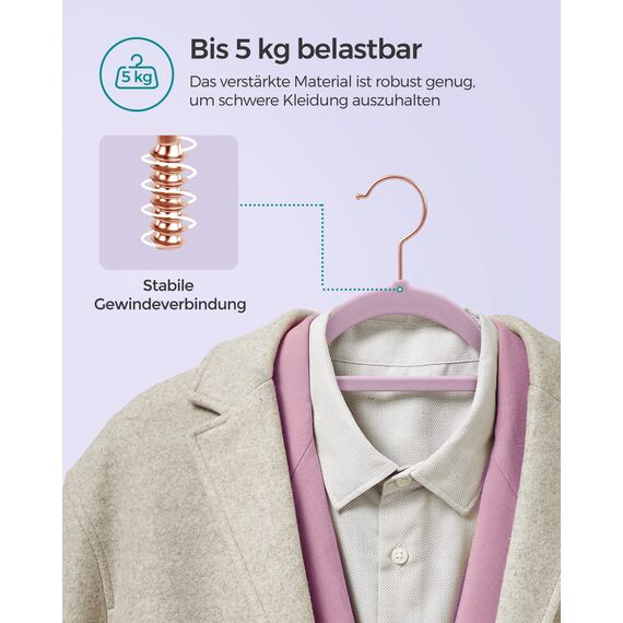 SONGMICS Kleiderbügel Samt, 50er Set, Bügel, rutschfest, kleine Stange für Krawatten, 360° drehbarer Haken, 0,6 cm dick, platzsparend, 43,5 cm lang, für Mäntel, Hosen, Roségold-Zartlila CRF021GP50