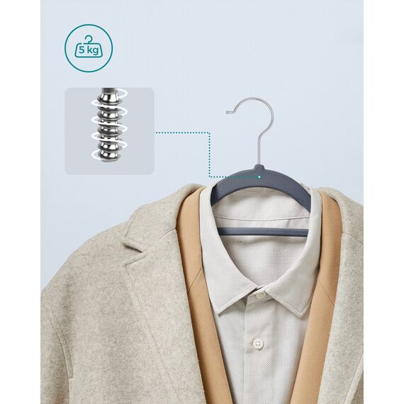 SONGMICS Kleiderbügel Samt, 20er Set, Bügel, rutschfest, kleine Stange für Krawatten, 360° drehbarer Haken, 0,6 cm dick, platzsparend, 43,5 cm lang, für Mäntel, Hosen, Silber-Hellgrau CRF20VX