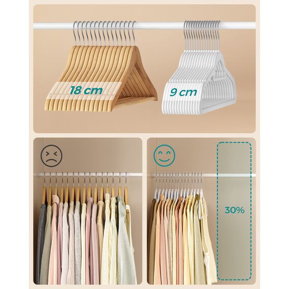 SONGMICS Kleiderbügel Samt, 20er Set, Bügel, rutschfest, kleine Stange für Krawatten, 360° drehbarer Haken, 0,6 cm dick, platzsparend, 43,5 cm lang, für Mäntel, Hosen, Silber-Weiß CRF020W01