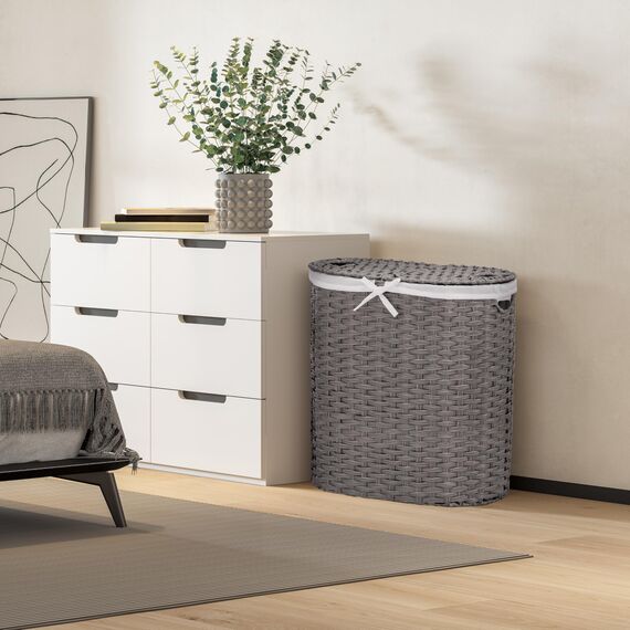 Seville Classics Premium handgewebter tragbarer Wäschekorb mit Tragegriffen, Haushaltsaufbewahrung für Kleidung, Bettwäsche, Laken, Grau, ovaler Korb