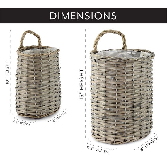 AuldHome Hängekörbe für die Wand (2er-Set, grau); gewebtes Weidengeflecht, rustikal, Bauernhaus, grau, gewaschene Türkörbe, klein und mittelgroß