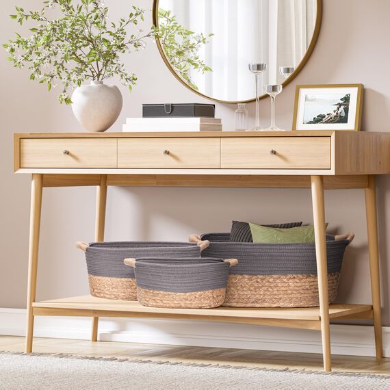 Seville Classics Premium natürlicher handgewebter tragbarer Wäschekorb mit Tragegriffen, Haushaltsaufbewahrung für Kleidung, Bettwäsche, Laken, natürliche Wasserhyazinthe und graues Seil, 3-teiliges