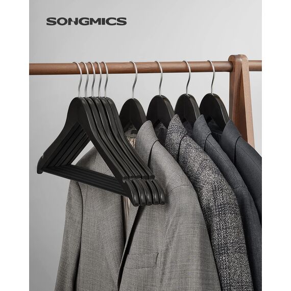 SONGMICS Kleiderbügel Holz, 10er Set, Bügel aus Massivholz, Einkerbungen im Schulterbereich, Rutschfester Hosensteg, um 360° drehbarer Haken, für Anzüge, Hemden, schwarz-silbern CRW02B10