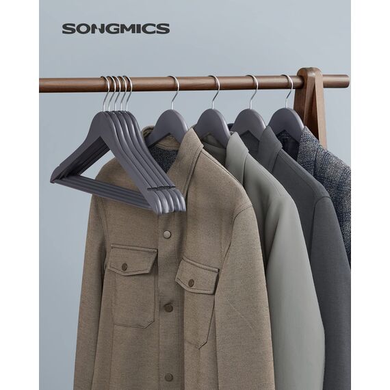 SONGMICS Kleiderbügel Holz, 20er Set, Bügel aus Massivholz, Einkerbungen im Schulterbereich, Rutschfester Hosensteg, um 360° drehbarer Haken, für Anzüge, Hemden, grau-silbern CRW001G01