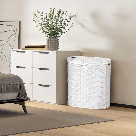 Seville Classics Premium handgewebter tragbarer Wäschekorb mit Tragegriffen, Haushaltsaufbewahrung für Kleidung, Bettwäsche, Laken, weiß, ovaler Korb