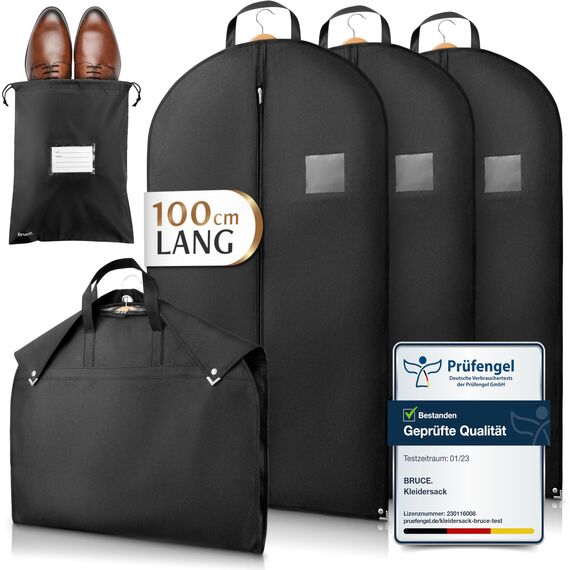 Bruce.® 3x Kleidersack Kurz 100x60cm inkl. 1x Schuhbeutel – Atmungsaktive Kleiderhülle für Anzug, Jacke & Hemd – 120 GSM Materialstärke – Anzugtasche für Reisen & Aufbewahrung - Kleidersäcke herren