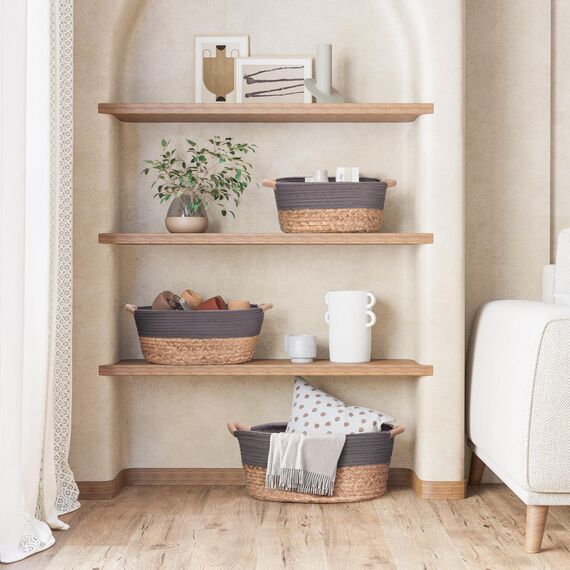 Seville Classics Premium natürlicher handgewebter tragbarer Wäschekorb mit Tragegriffen, Haushaltsaufbewahrung für Kleidung, Bettwäsche, Laken, natürliche Wasserhyazinthe und graues Seil, 3-teiliges