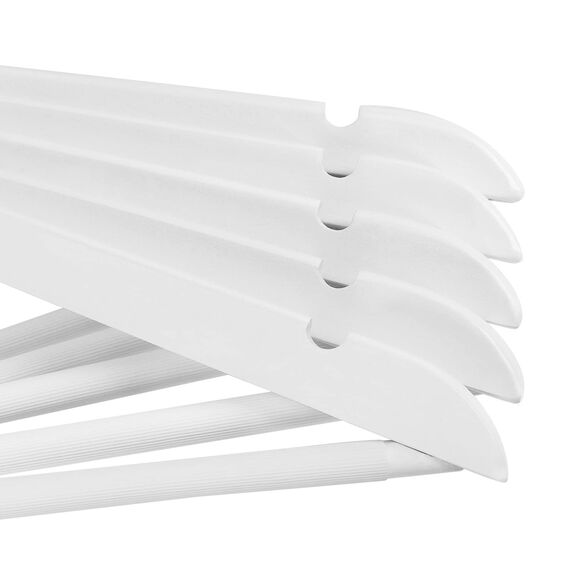 SONGMICS Kleiderbügel Holz, 20er Set, Bügel aus Massivholz, Einkerbungen im Schulterbereich, Rutschfester Hosensteg, um 360° drehbarer Haken, für Anzüge, Hemden, weiß-roségoldfarben CRW001W01