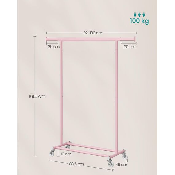 SONGMICS Kleiderständer auf Rollen, Schwerlast-Garderobenständer, ausziehbare Kleiderstange, bis 100 kg belastbar, einfache Montage, transportabel, pastellrosa HSR013R01