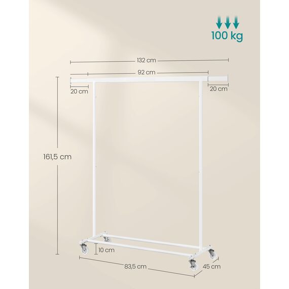 SONGMICS Kleiderständer auf Rollen, Schwerlast-Garderobenständer, ausziehbare Kleiderstange, bis 100 kg belastbar, einfache Montage, transportabel, weiß HSR013W01